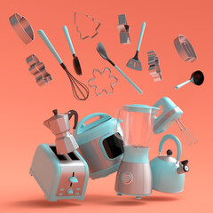 Espresso coffee machine, hand mixer, kettle and toaster on orange background.