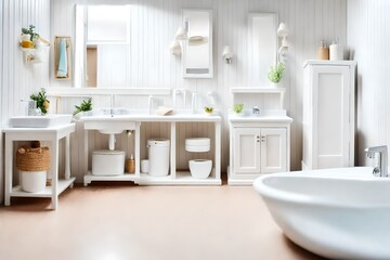 Fototapeta na wymiar white dollhouse. Bathroom toy interior in miniature. Small cute plastic sink beautiful doll bathroom