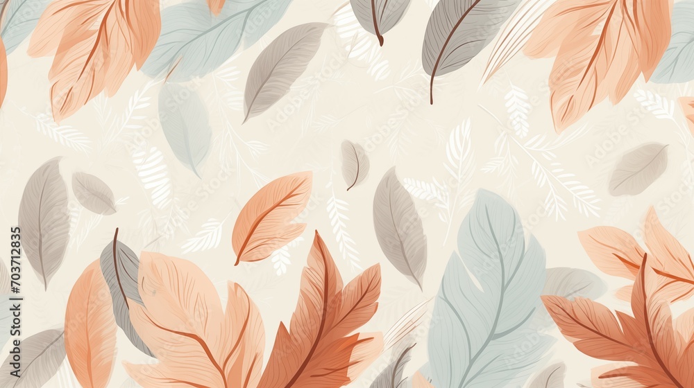 Poster a seamless pattern of feathers and leaves on a white background.