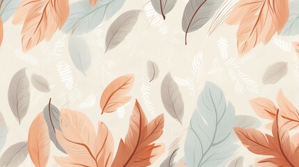 A seamless pattern of feathers and leaves on a white background.