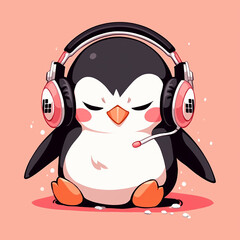 An angry penguin listening through a headset and microphone against a pink background