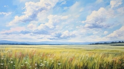 Obraz premium The oil painting of a field of grass and sky.