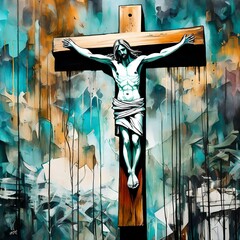 An Ink and Acrylics painting Street art, Contemporary art, of Jesus on a cross