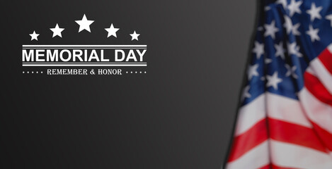 Memorial Day. Remember and Honor. United states flag poster. American flag and text on black with stars background for Memorial Day. Vector illustration.