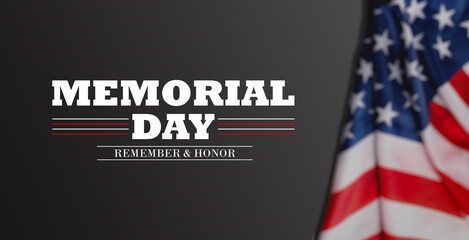 Memorial Day. Remember and Honor. United states flag poster. American flag and text on black with stars background for Memorial Day. Vector illustration.