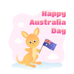 Happy Australia Day. Funny cute kangaroo is holding an Australian flag. Greeting card, banner. Vector illustration of cartoon animal. Children's simple style.