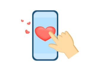 Vector illustration of love concept and online communication via phone with hand clicking on red heart shape.