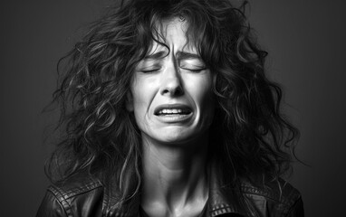 Mid-aged woman is crying, black and white photo