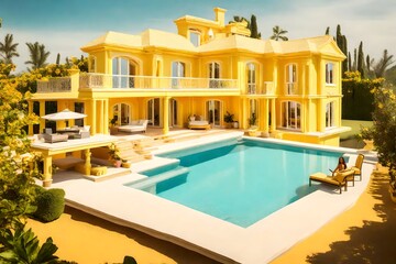 beautiful yellow luxury house with pool for a doll. A house for a blonde 