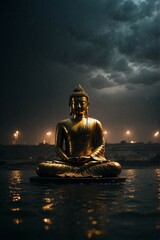 Enlightened Tempest: Buddha in the Storm's Embrace, Illuminating Serenity Amidst Thunder and Lightning.