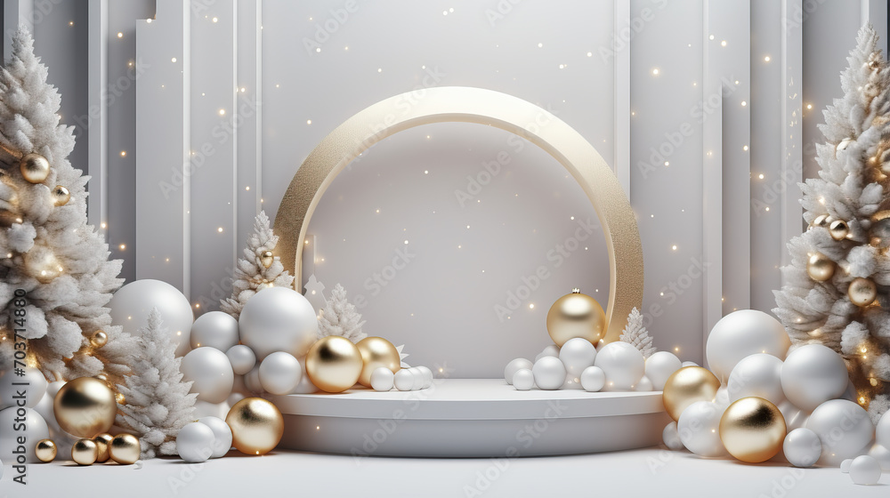 Poster christmas 3d rendering scene podium display with xmas objects abstract background.