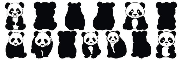 Panda silhouettes set, large pack of vector silhouette design, isolated white background