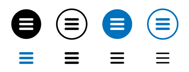 Menu line icon set. Web menu button symbol in black and blue color.