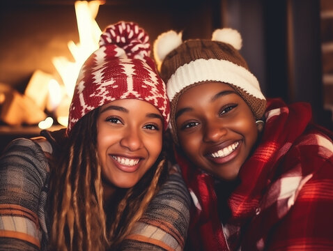 Multiracial Women Relaxing At Home Chalet In Front Of Fireplace During Winter Time. Cozy Time With Friends Concept