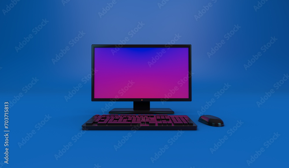 Aufkleber 3d rendering, close up pc computer mock up with shiny reflection texture, front view shot, empty spa