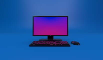 3D Rendering, Close up PC computer mock up with shiny reflection texture, front view shot, empty space for copy, blue color background.