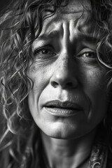 Mid-aged woman is crying, black and white photo