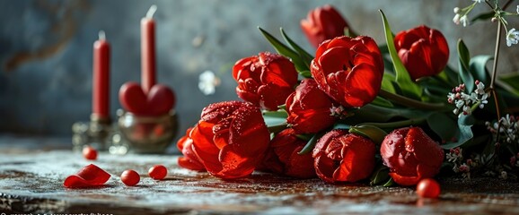 Bouquet Tulips Red Heart Candles, HD, Background Wallpaper, Desktop Wallpaper