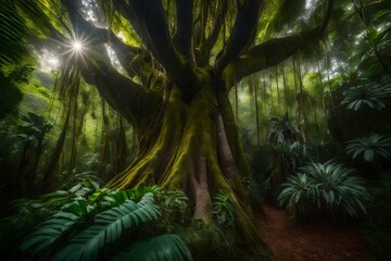 Large tree in the jungle with a bromeliad on its trunk beautiful view