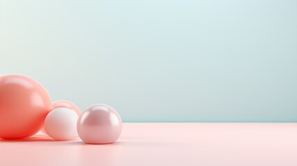 Minimalist composition of matte geometric spheres with soft coral and white colors on a pastel pink and blue gradient background.