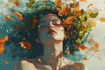 An illustration of a person enveloped in a gentle breeze with leaves and petals, symbolizing the aspiration for freedom and natural connection.