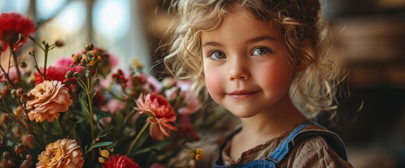 Cheerful Happy Child Peonys Bouquet Smiling, HD, Background Wallpaper, Desktop Wallpaper