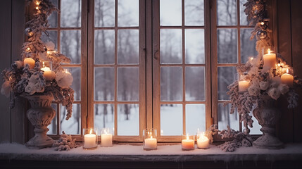 A window with candles and snow on it. Cozy Christmas interior