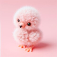 Сute fluffy pink baby flamingo bird toy on a pastel pink background. Minimal adorable animals concept. Wide screen wallpaper. Web banner with copy space for design.