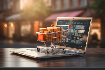 Online store. Laptop, small shopping cart - obrazy, fototapety, plakaty