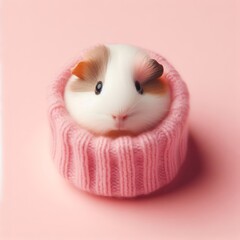 Сute fluffy white baby guinea pig toy sitting in a knitted hat on a pastel pink background. Minimal adorable animals concept. Wide screen wallpaper. Web banner with copy space for design. - obrazy, fototapety, plakaty