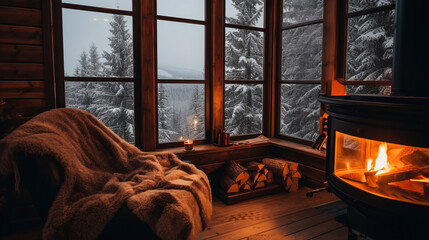 A room with a fireplace and trees outside. Cozy winter interior