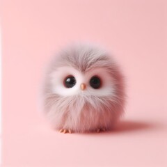 Сute fluffy gray baby owl bird toy on a pastel pink background. Minimal adorable animals concept. Wide screen wallpaper. Web banner with copy space for design.