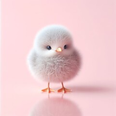 Сute fluffy white baby seagull bird toy on a pastel pink background. Minimal adorable animals concept. Wide screen wallpaper. Web banner with copy space for design.