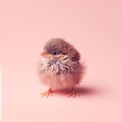Fototapeta premium Сute fluffy brown baby sparrow bird toy on a pastel pink background. Minimal adorable animals concept. Wide screen wallpaper. Web banner with copy space for design.