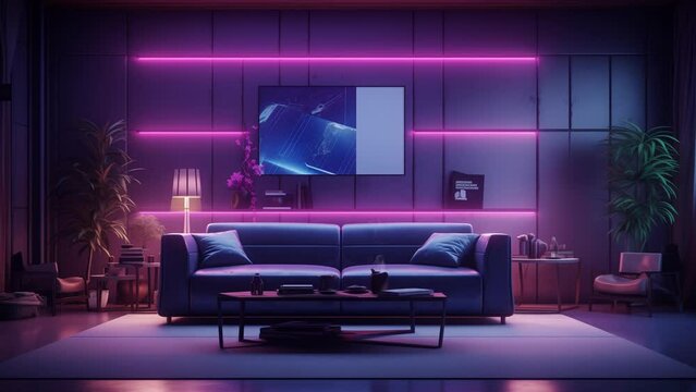 modern living room with purple sofa, animated virtual backgrounds, modern cozy cyberpunk living room at night, vtuber asset . seamless looping overlay 4k virtual video atimation background 