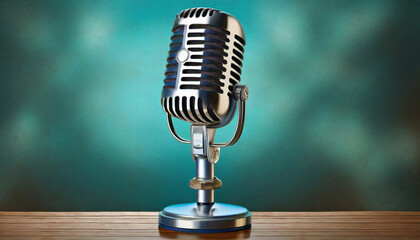 Vintage microphone on the table with cyanic background