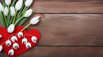 Bouquet of snowdrops and red white hearts on a wooden background