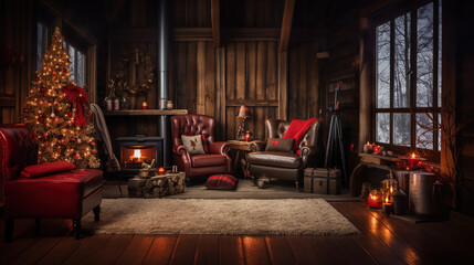 Naklejka premium Cozy winter living room with Christmas tree and fireplace. Christmas and New Year concept