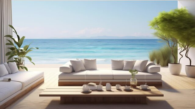 Beach living on Sea view 3d rendering  with beige sofa near window large living room in modern house or luxury hotel. seamless looping overlay 4k virtual video animation background 