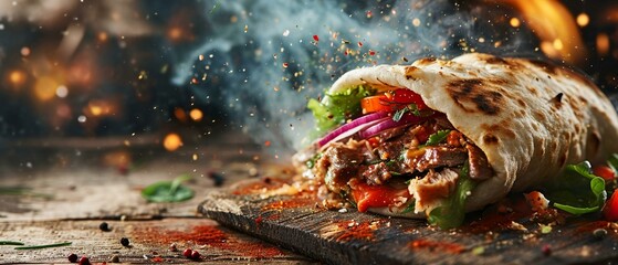 fresh grilled beef turkish shawarma doner sandwich with flying ingredients and spices - obrazy, fototapety, plakaty
