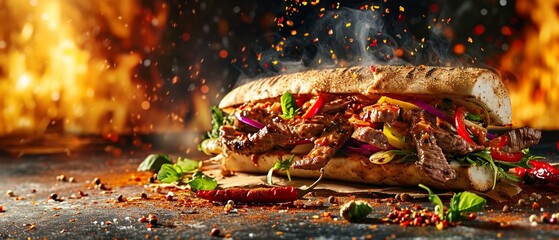 fresh grilled beef turkish shawarma doner sandwich with flying ingredients and spices