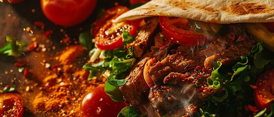 fresh grilled beef turkish shawarma doner sandwich with flying ingredients and spices