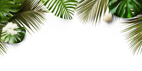 Tropical leave, top view, flay lay, mock up, aesthetic, empty in the middle isolate on transparency background png  - obrazy, fototapety, plakaty