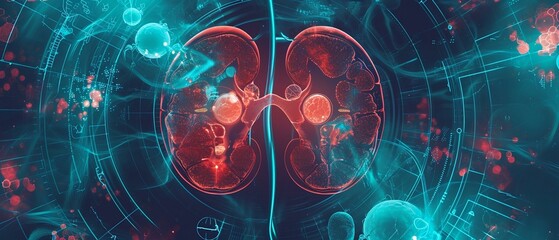 futuristic medical research or kidney health care with diagnosis and vitals infographic - obrazy, fototapety, plakaty