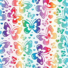 Fototapeta na wymiar Bright seamless spring striped rainbow gradient pattern with butterflies and hearts on a white background. Vector image
