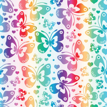 Bright seamless spring striped rainbow gradient pattern with butterflies and hearts on a white background. Vector image