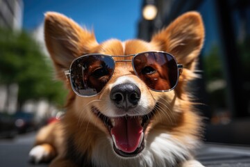 Funny cute dog with sunglasses against the blue sky in summer looks at the camera. Vacation concept