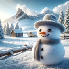 Obraz premium Snowman stands against a backdrop of a serene winter landscape