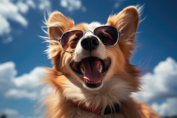 Funny cute dog with sunglasses against the blue sky in summer looks at the camera. Vacation concept