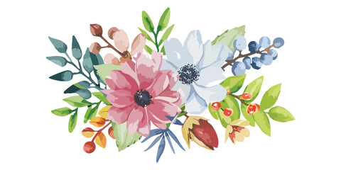 watercolor floral collection with multicolored flowers, leaves, branches, berries on white background